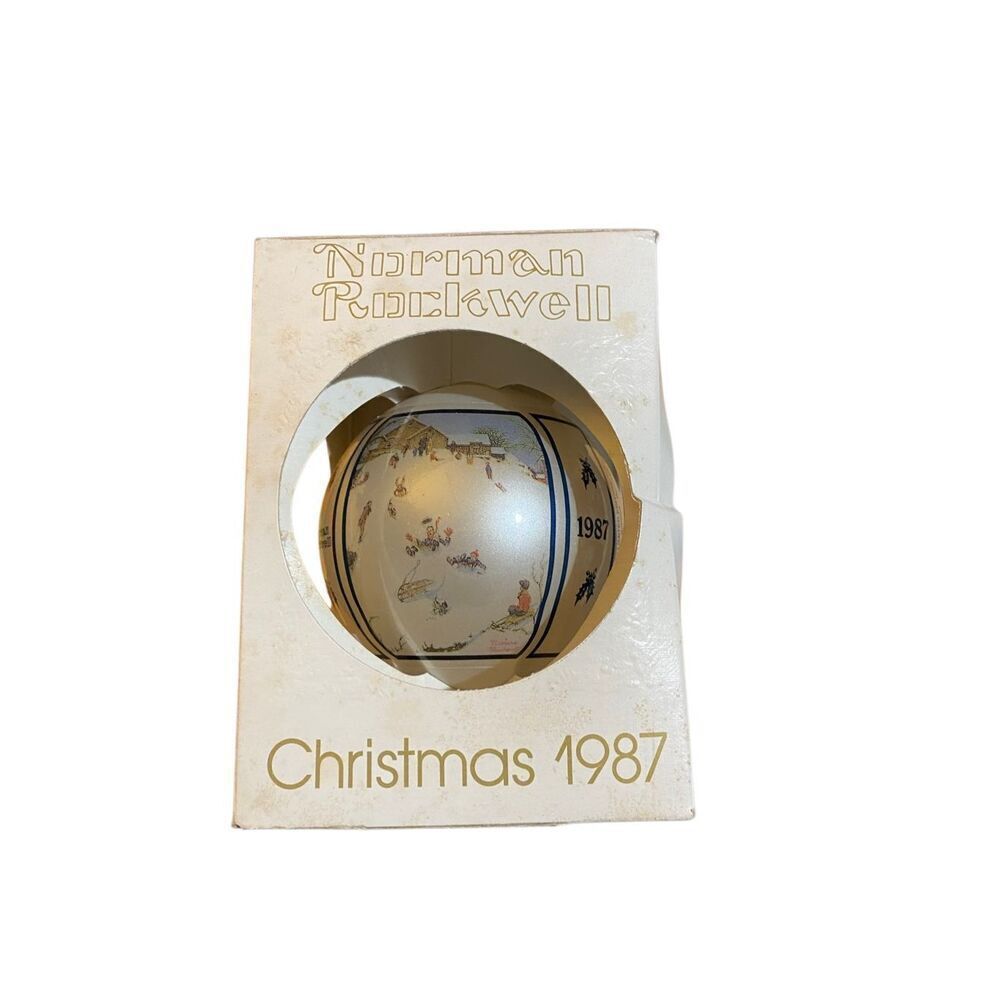 Vintage Norman Rockwell, Christmas 1987 glass sled riding ornament inbox
